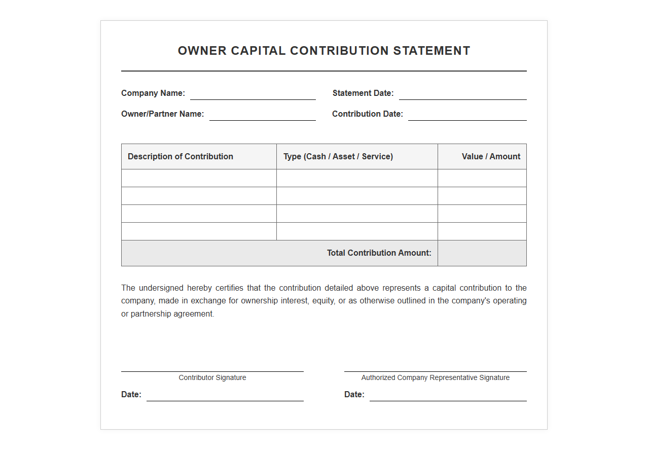 Owner Capital Contribution Statement Template