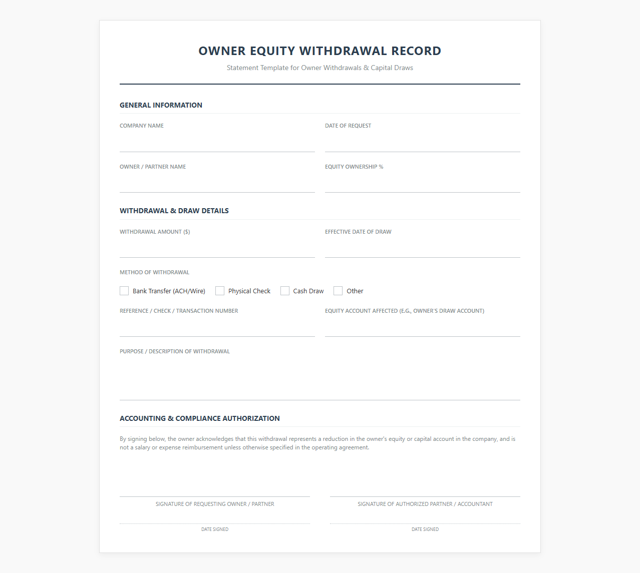Owner Equity Withdrawal Record Form