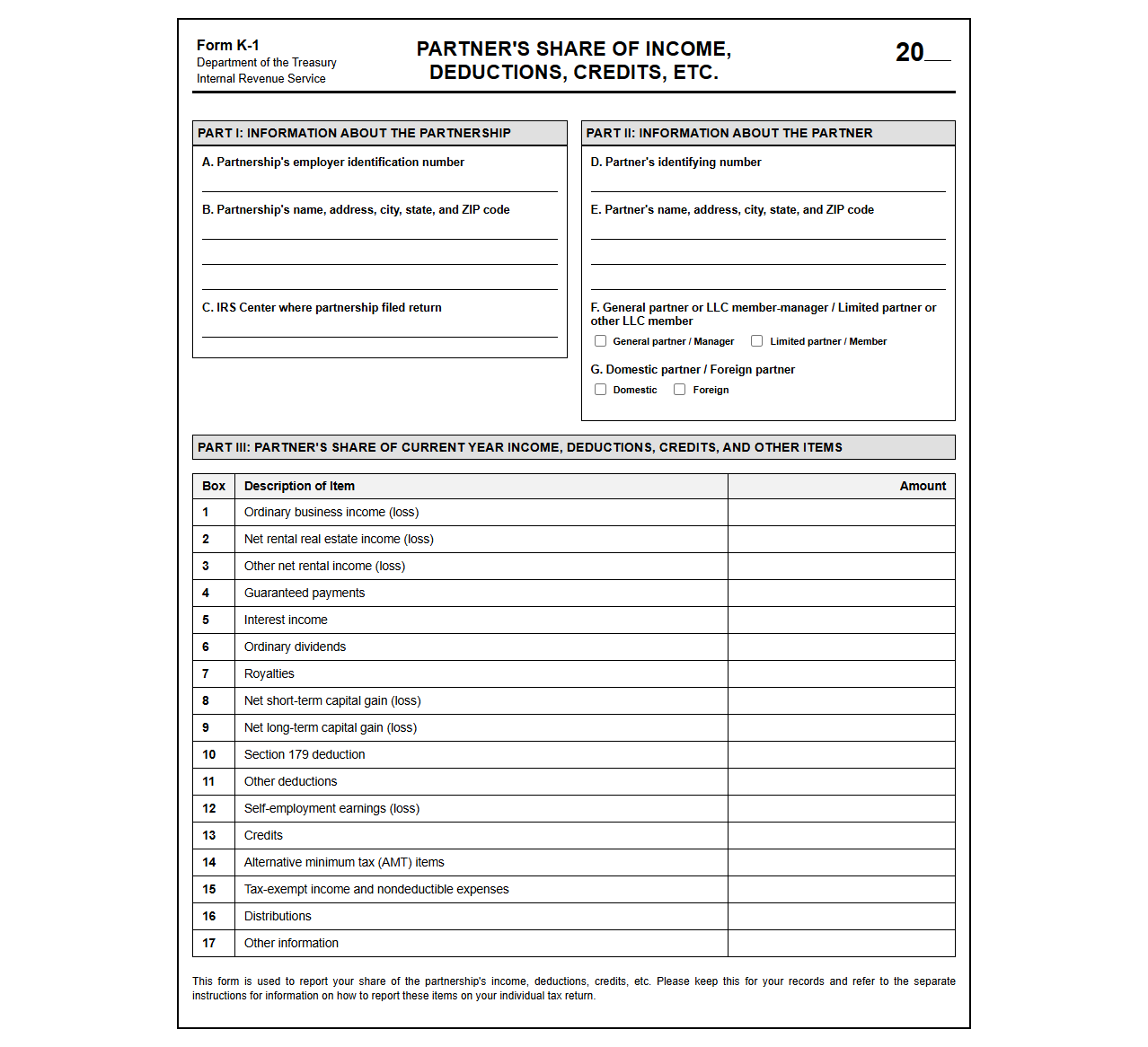 Partner Share of Income Tax Return Template