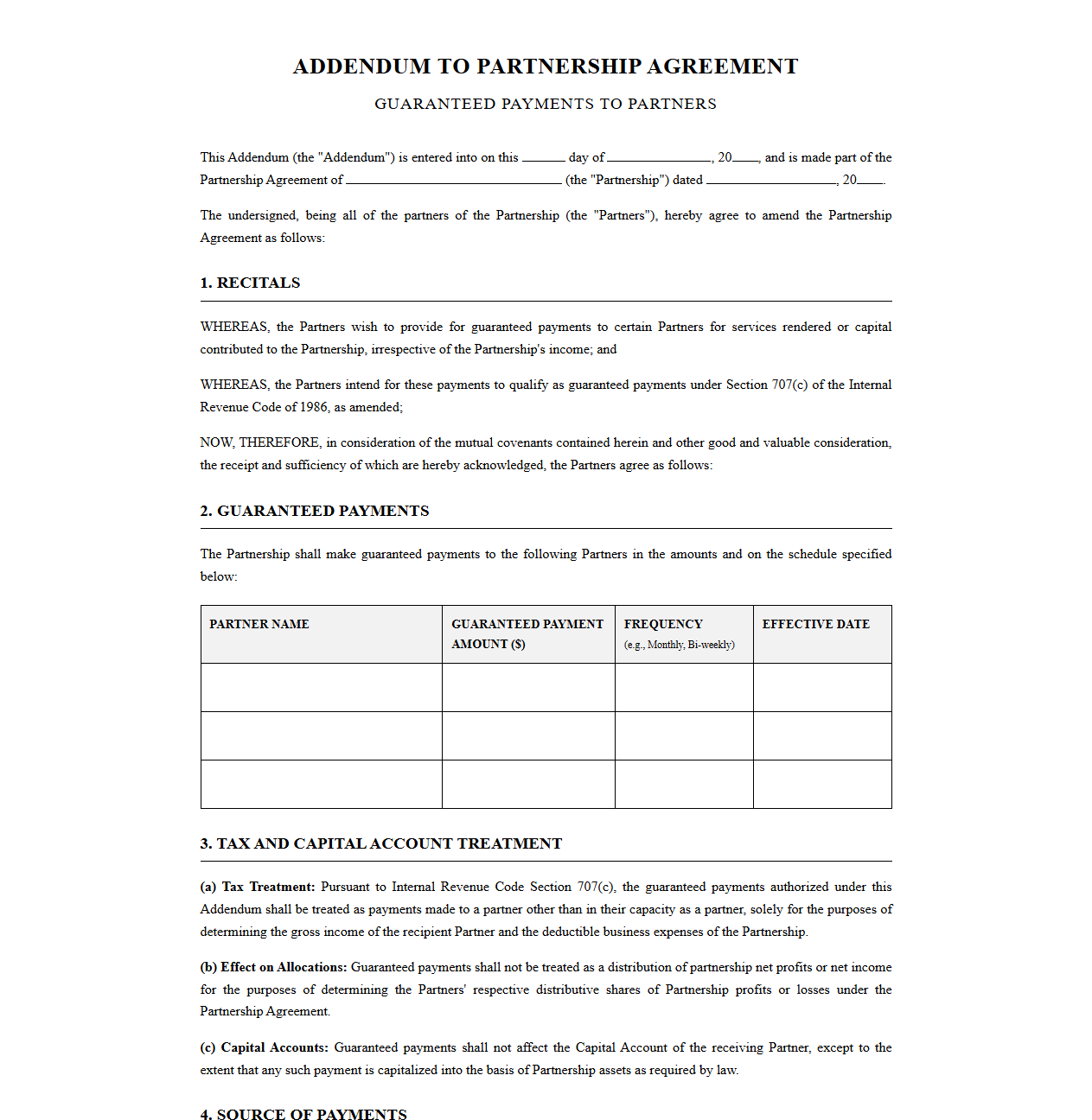 Partnership Agreement Addendum for Guaranteed Payments
