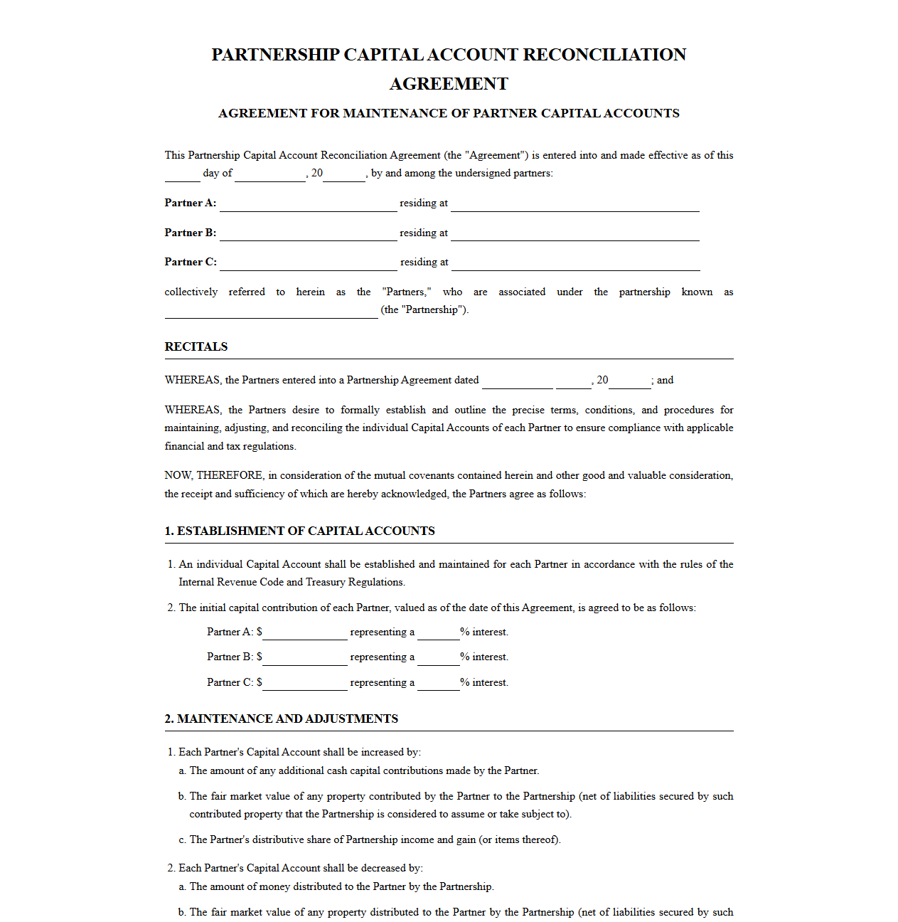 Partnership Capital Account Reconciliation Contract