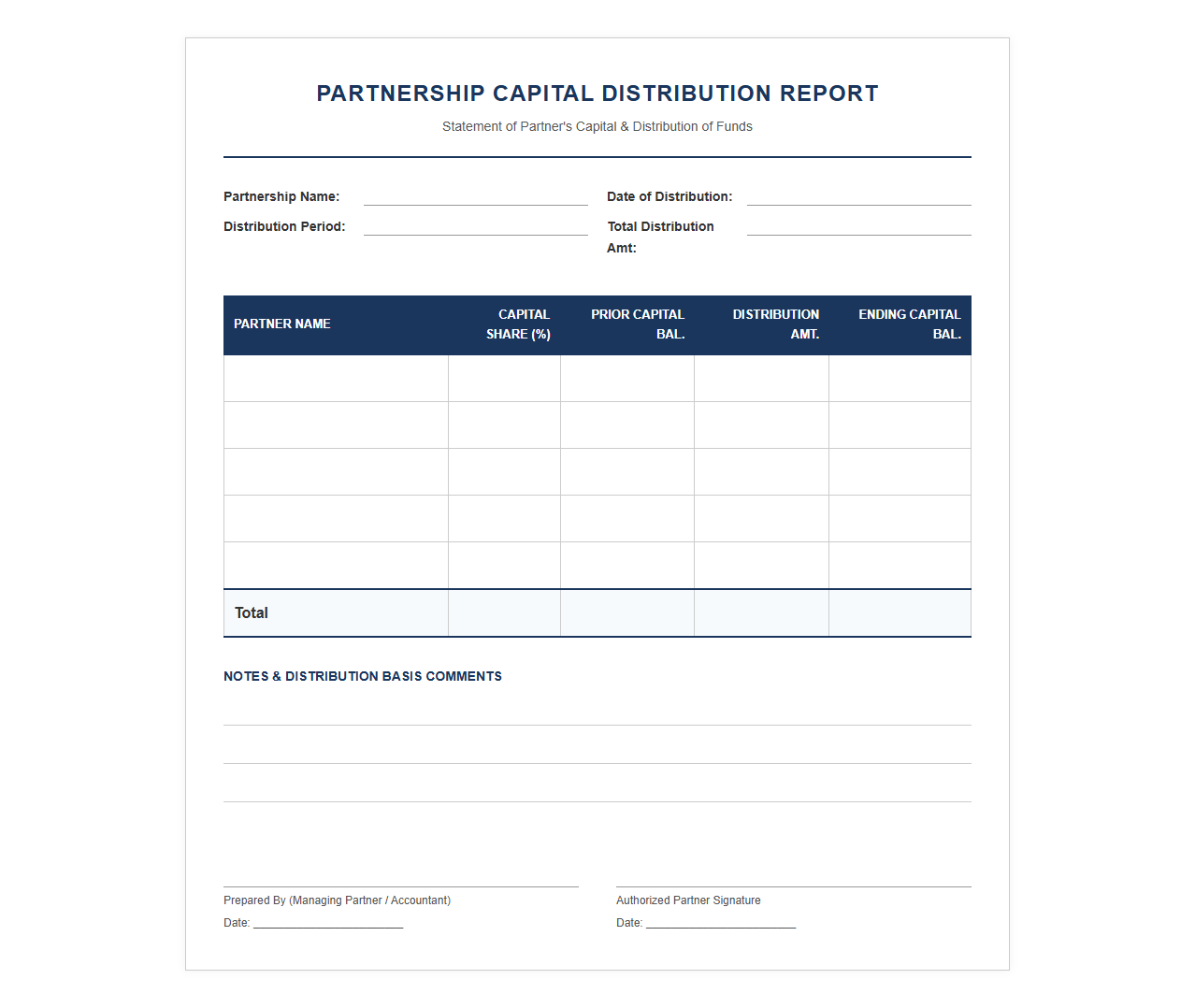 Partnership Capital Distribution Report Template