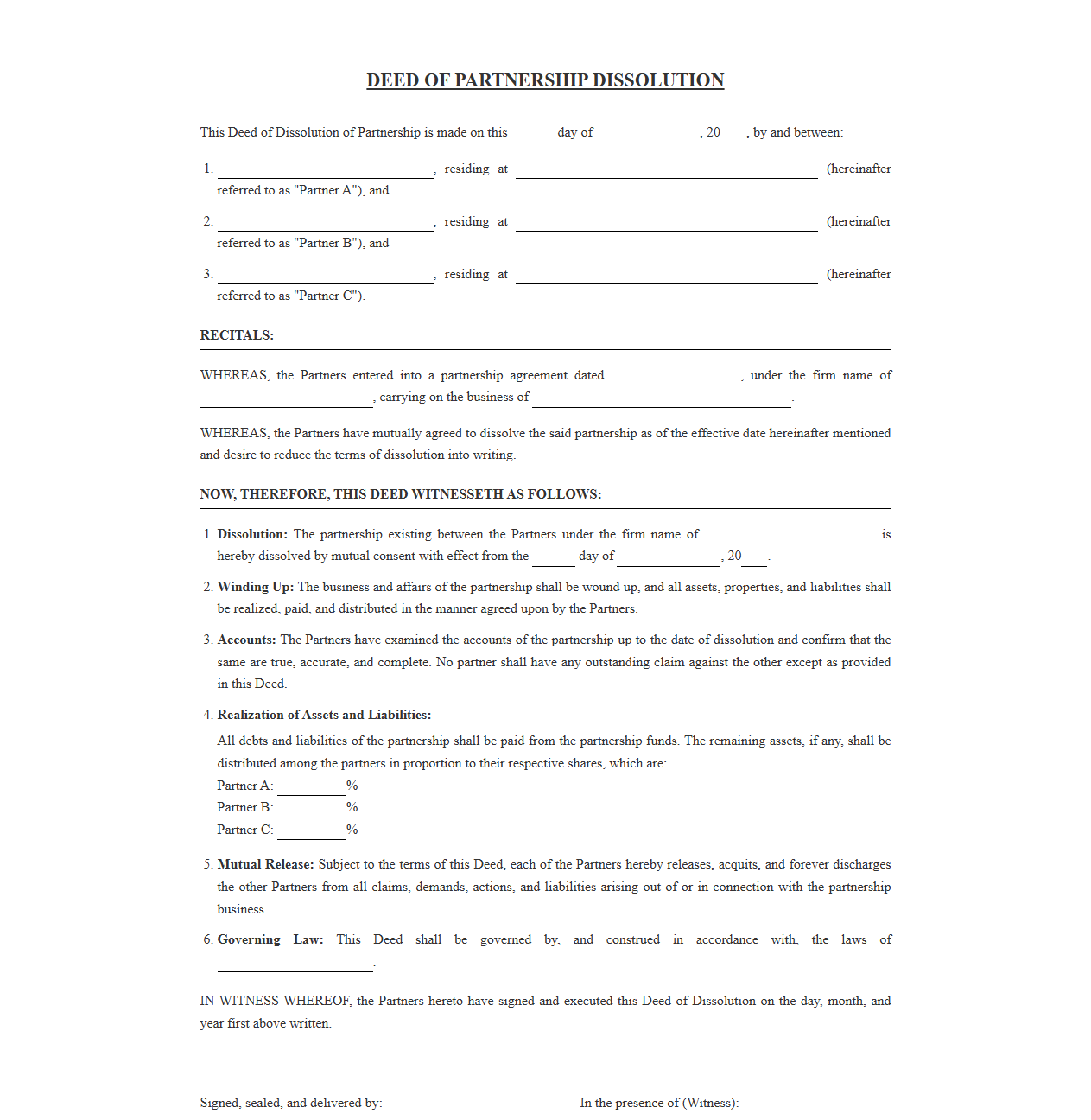 Partnership Dissolution Deed Template