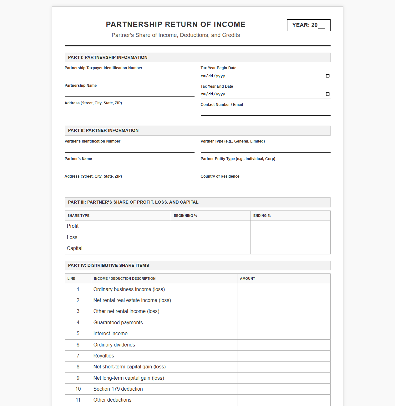 Partnership Income Distribution Return Template