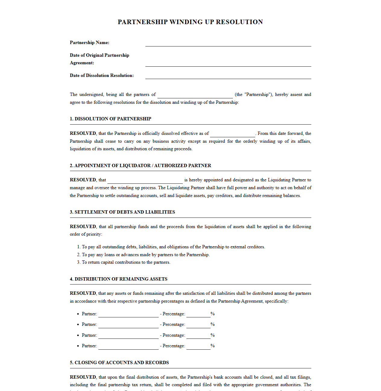 Partnership Winding Up Resolution Template