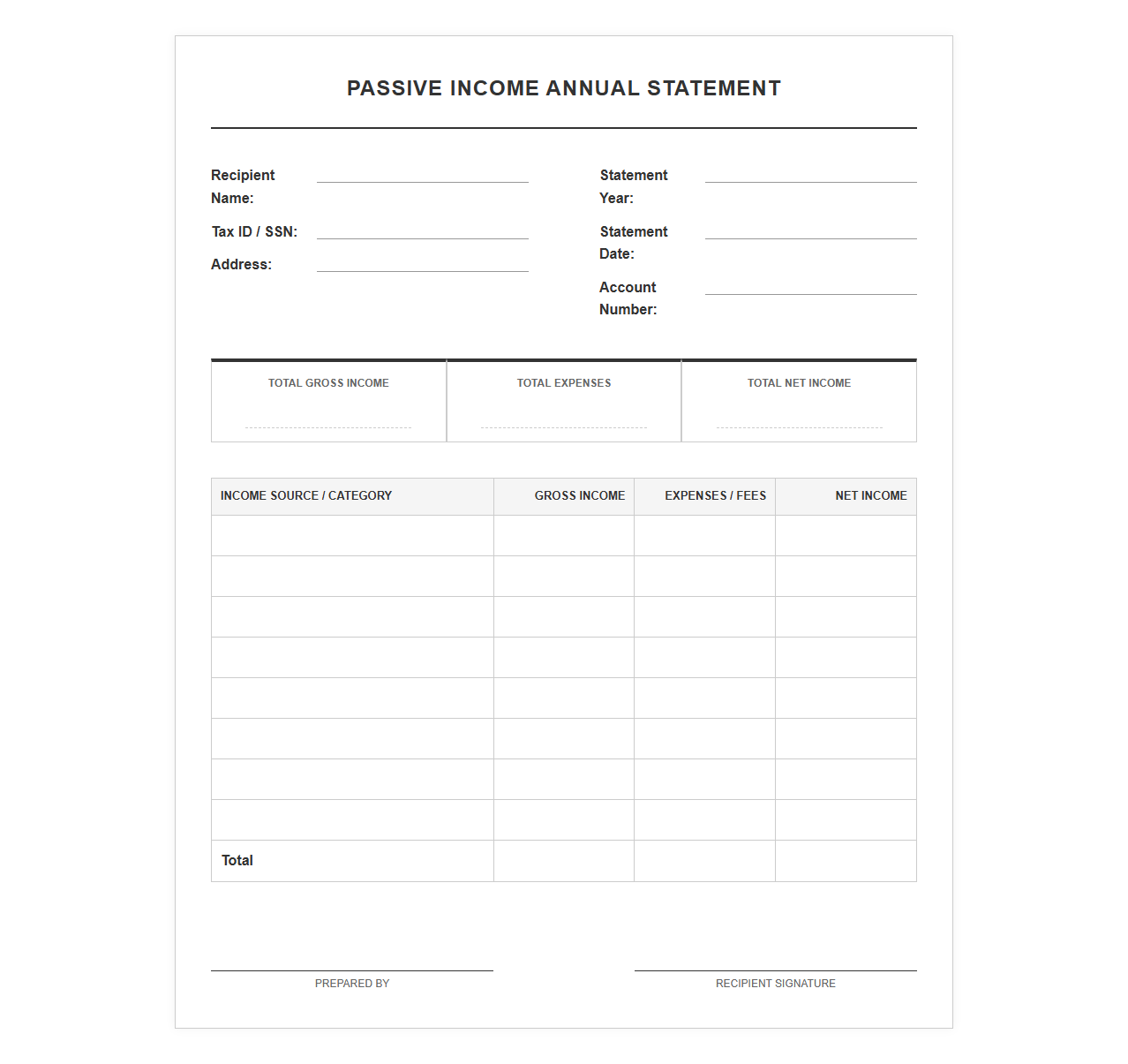 Passive Income Annual Statement Template