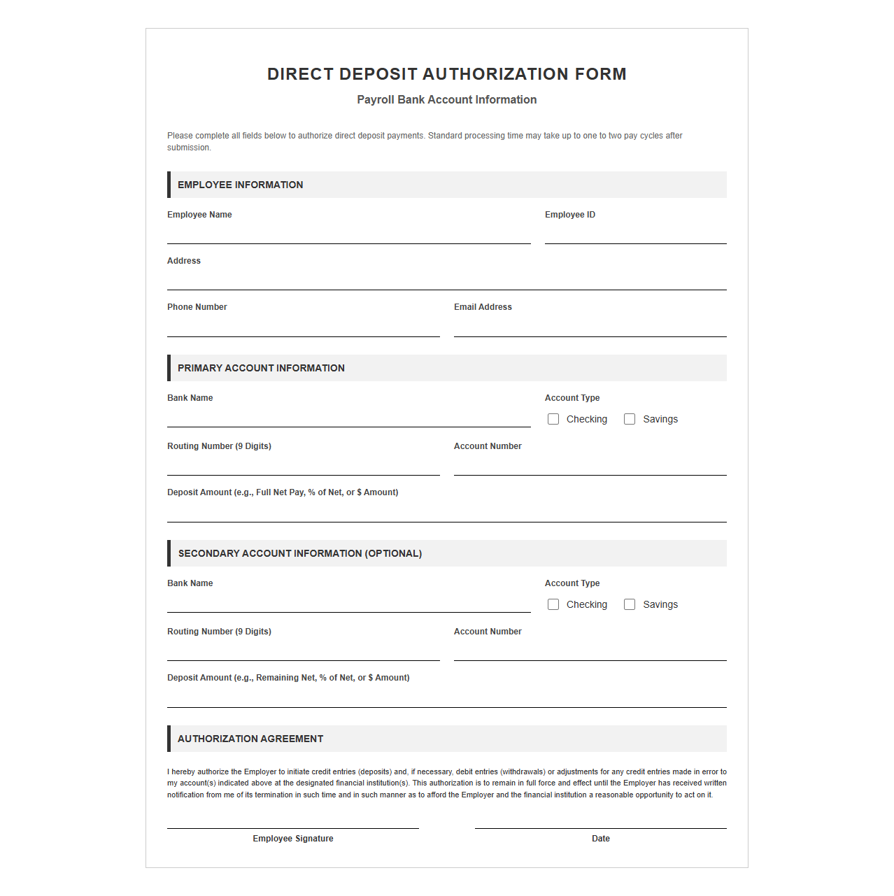 Payroll Direct Deposit Bank Information Template