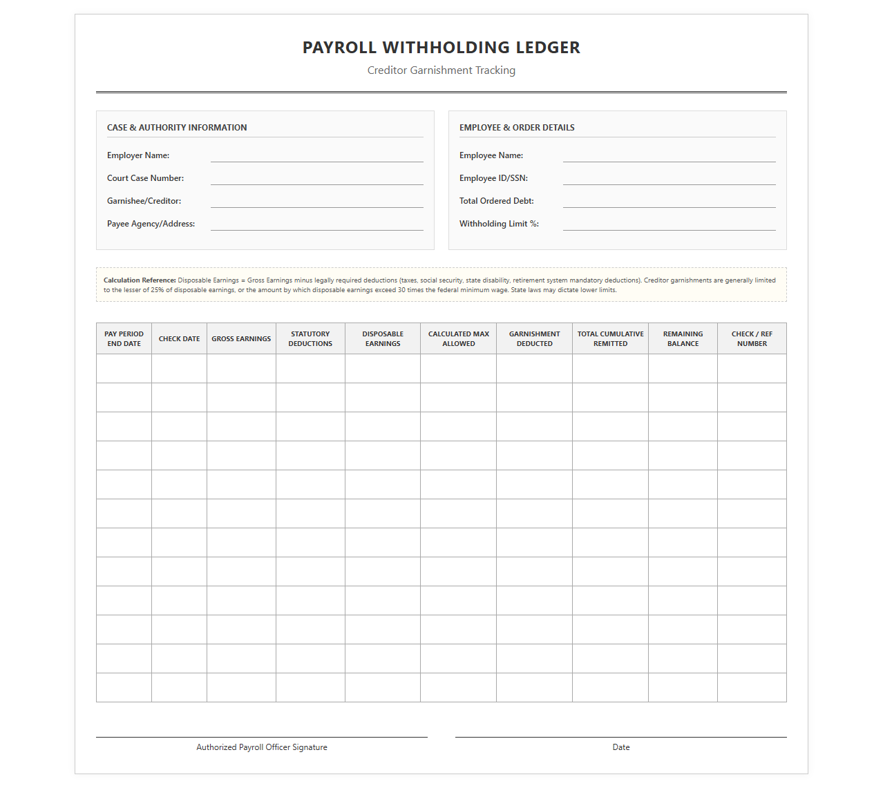 Payroll Ledger for Employee Creditor Garnishments
