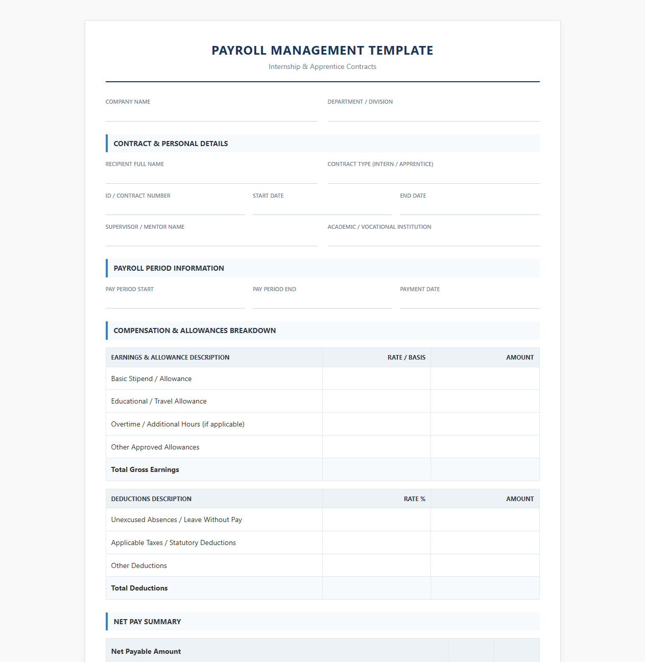 Payroll Management Template for Interns and Apprentices
