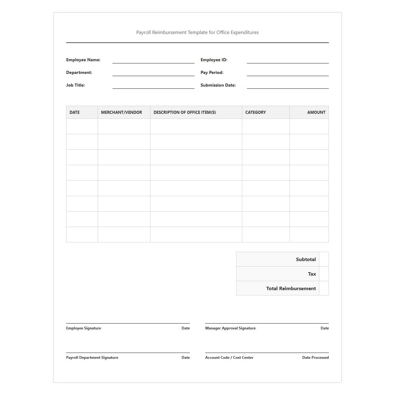 Payroll Reimbursement Template for Office Expenditures