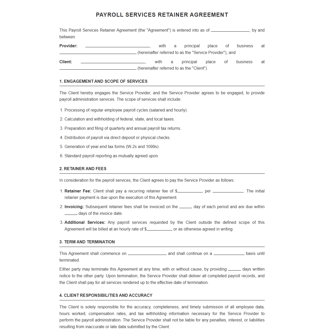 Payroll Services Retainer Agreement Template