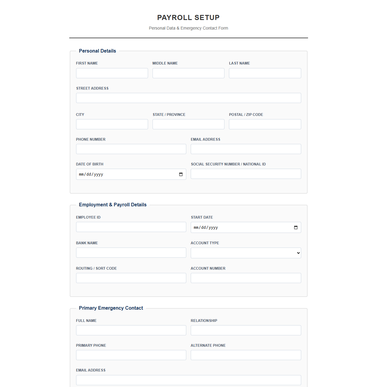 Payroll Setup Personal Data and Emergency Contact Form