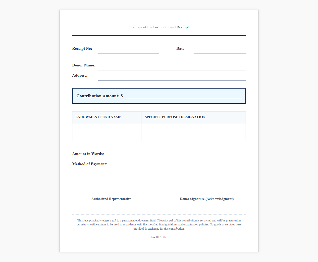 Permanent Endowment Fund Receipt Template