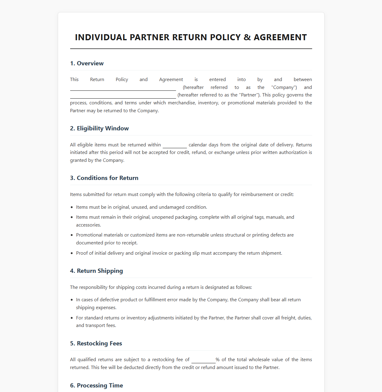 Personal Partner Return Policy and Template