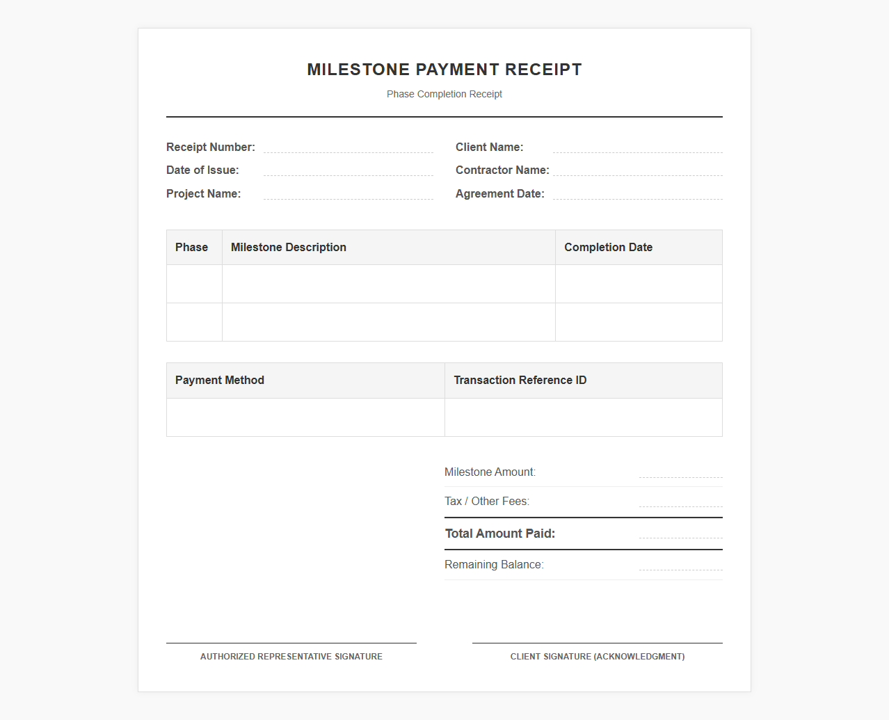 Phase Completion Milestone Payment Receipt