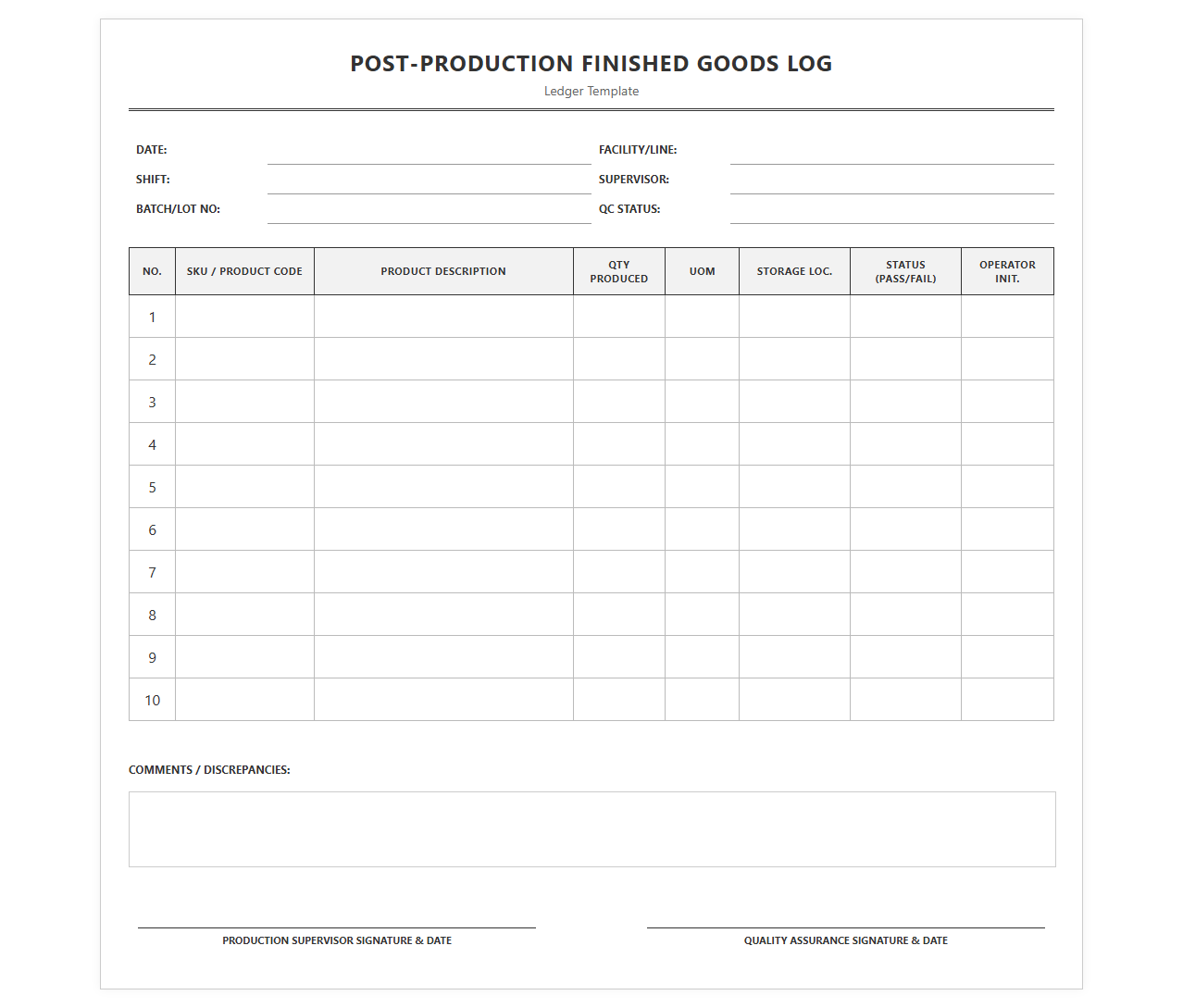 Post-Production Finished Goods Log Template