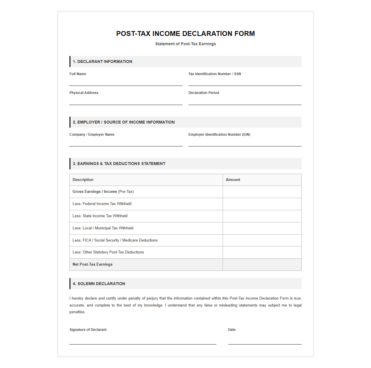 Post-Tax Income Declaration Form