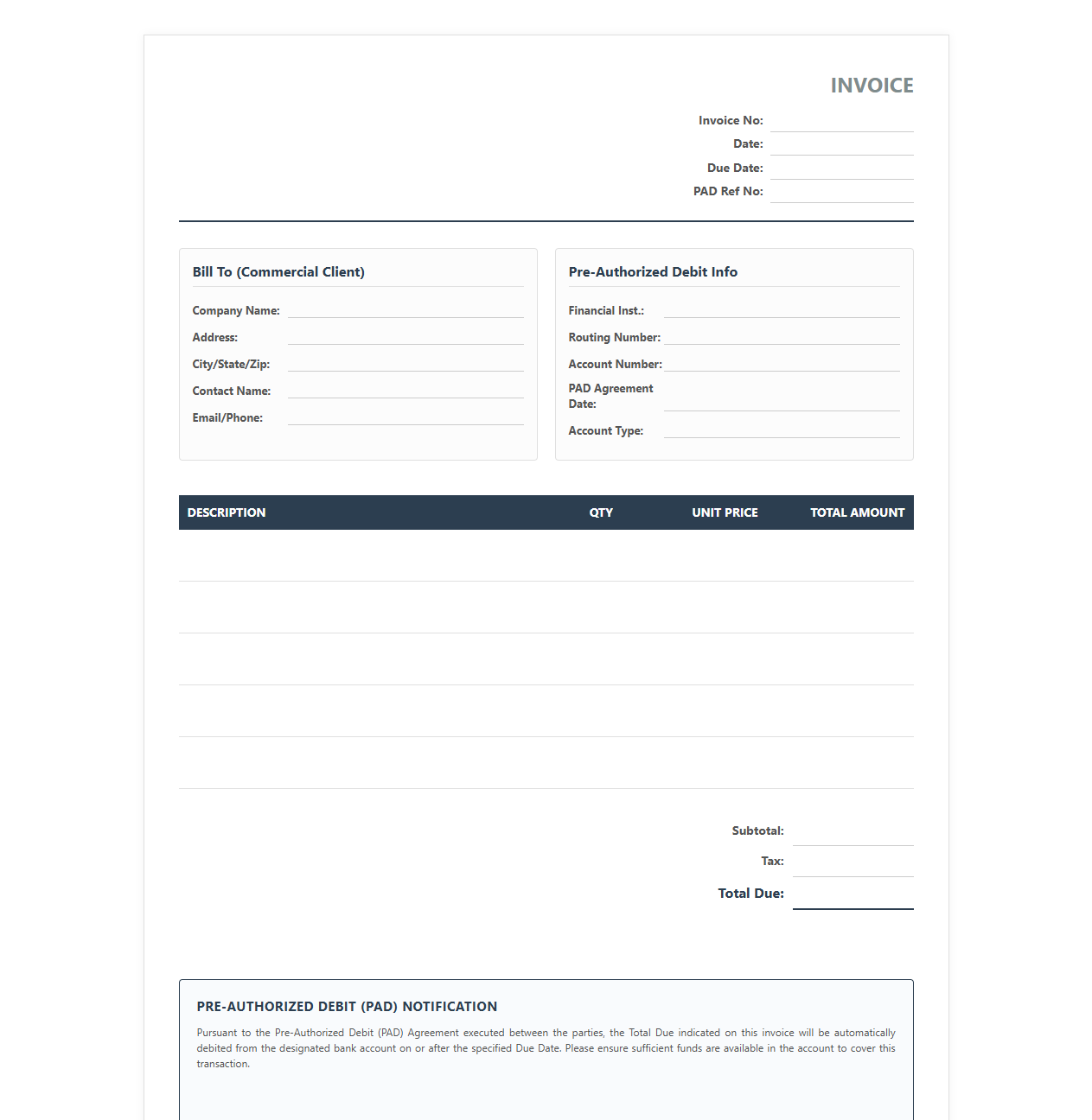 Pre-Authorized Debit Commercial Client Invoice
