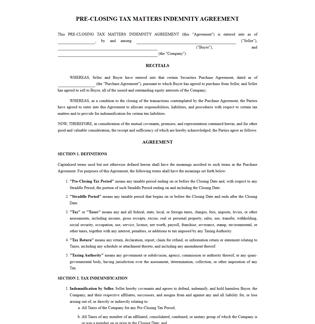 Pre-Closing Tax Matters Indemnity Agreement