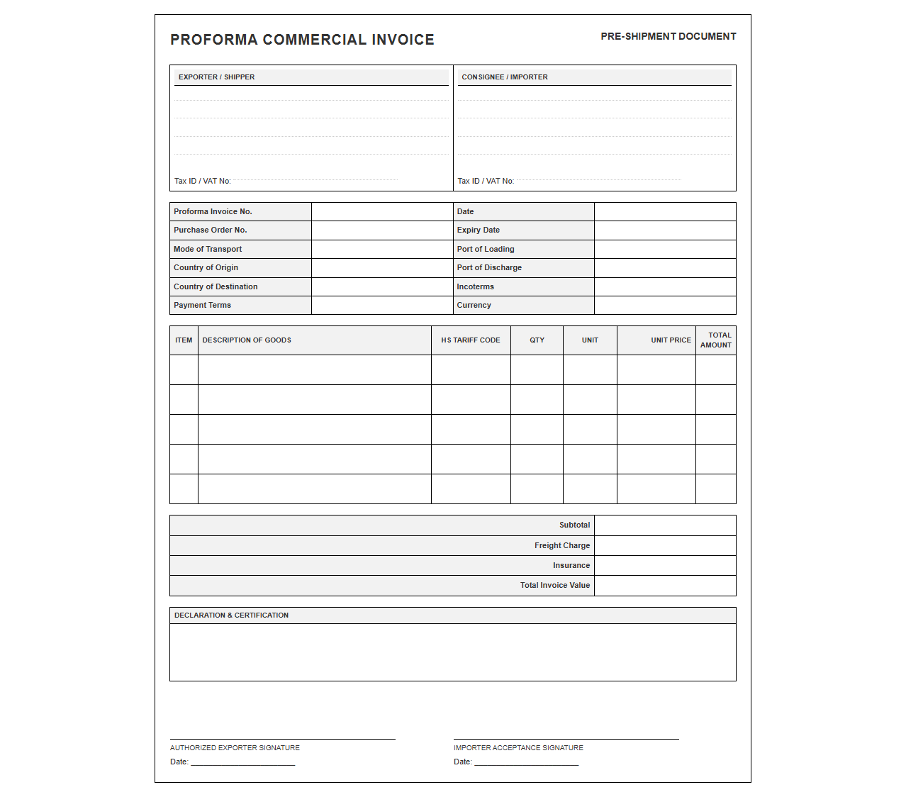 Pre Shipment Proforma Commercial Invoice