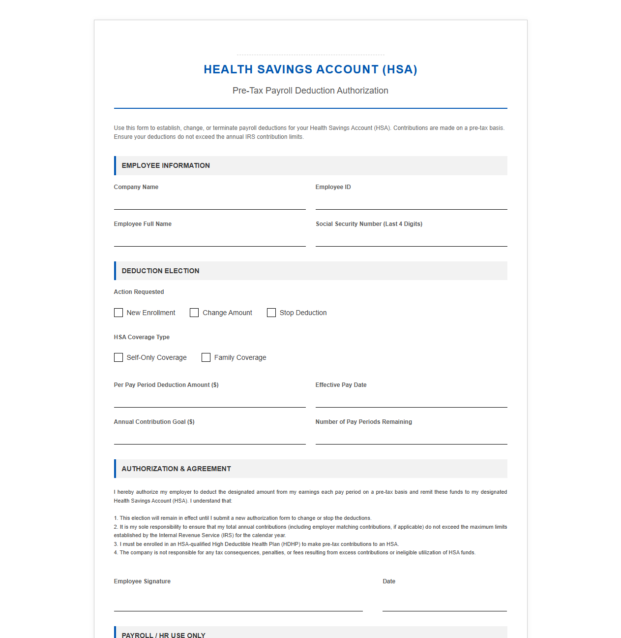 Pre-Tax HSA Payroll Deduction Sign-Up Document