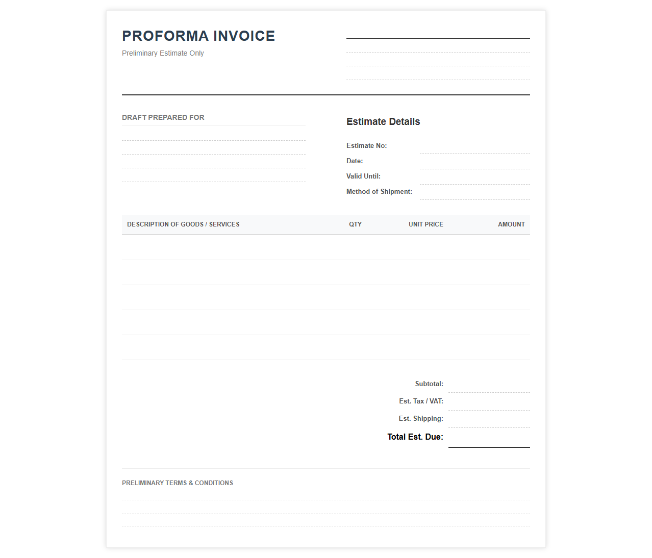 Preliminary Proforma Invoice Template