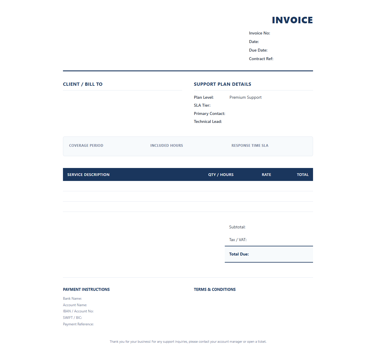 Premium Support Plan Contract Invoice