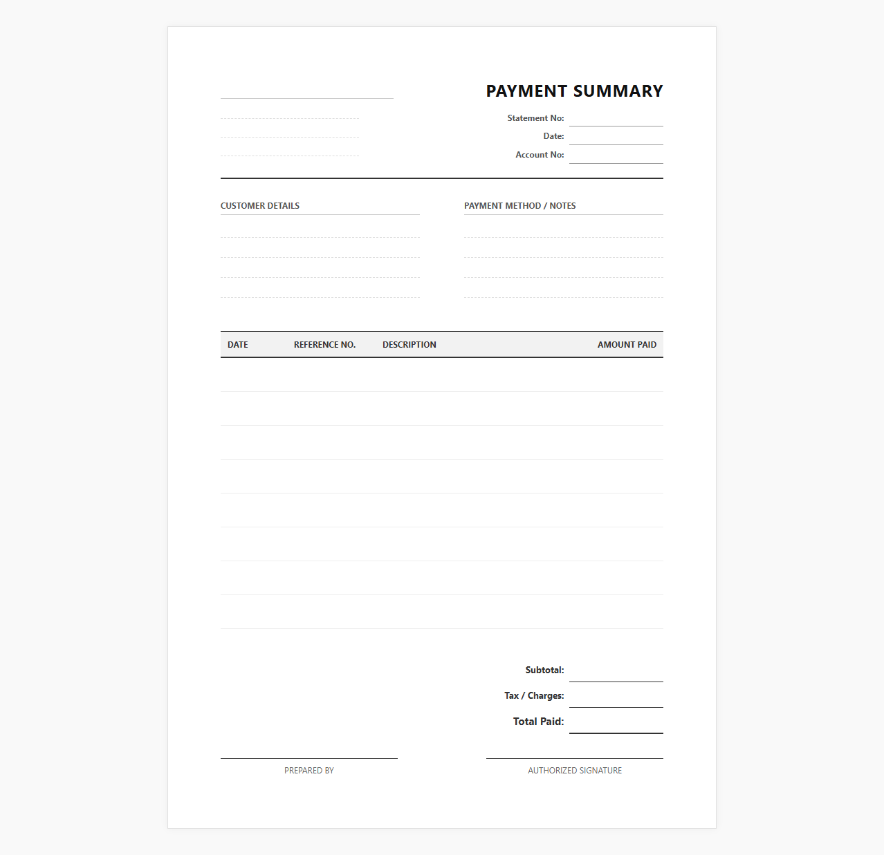 Printable Payment Summary Statement Design