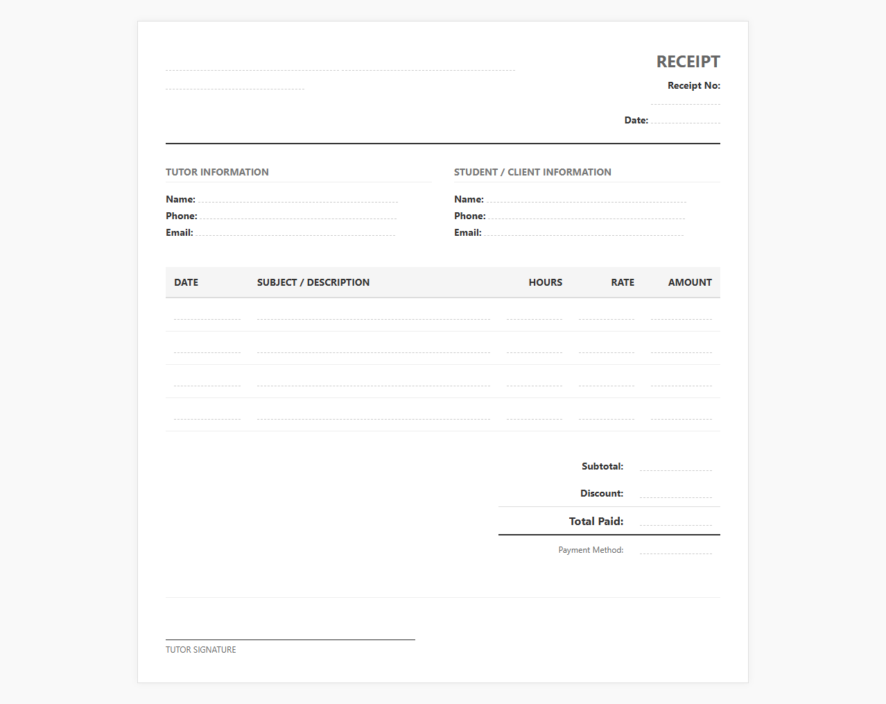 Private Tutor Payment Receipt Template