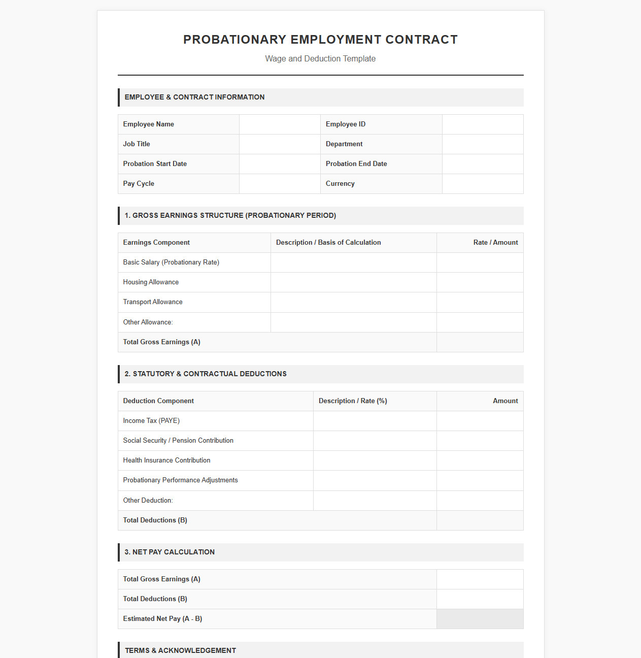 Probationary Employment Wage and Deduction Template
