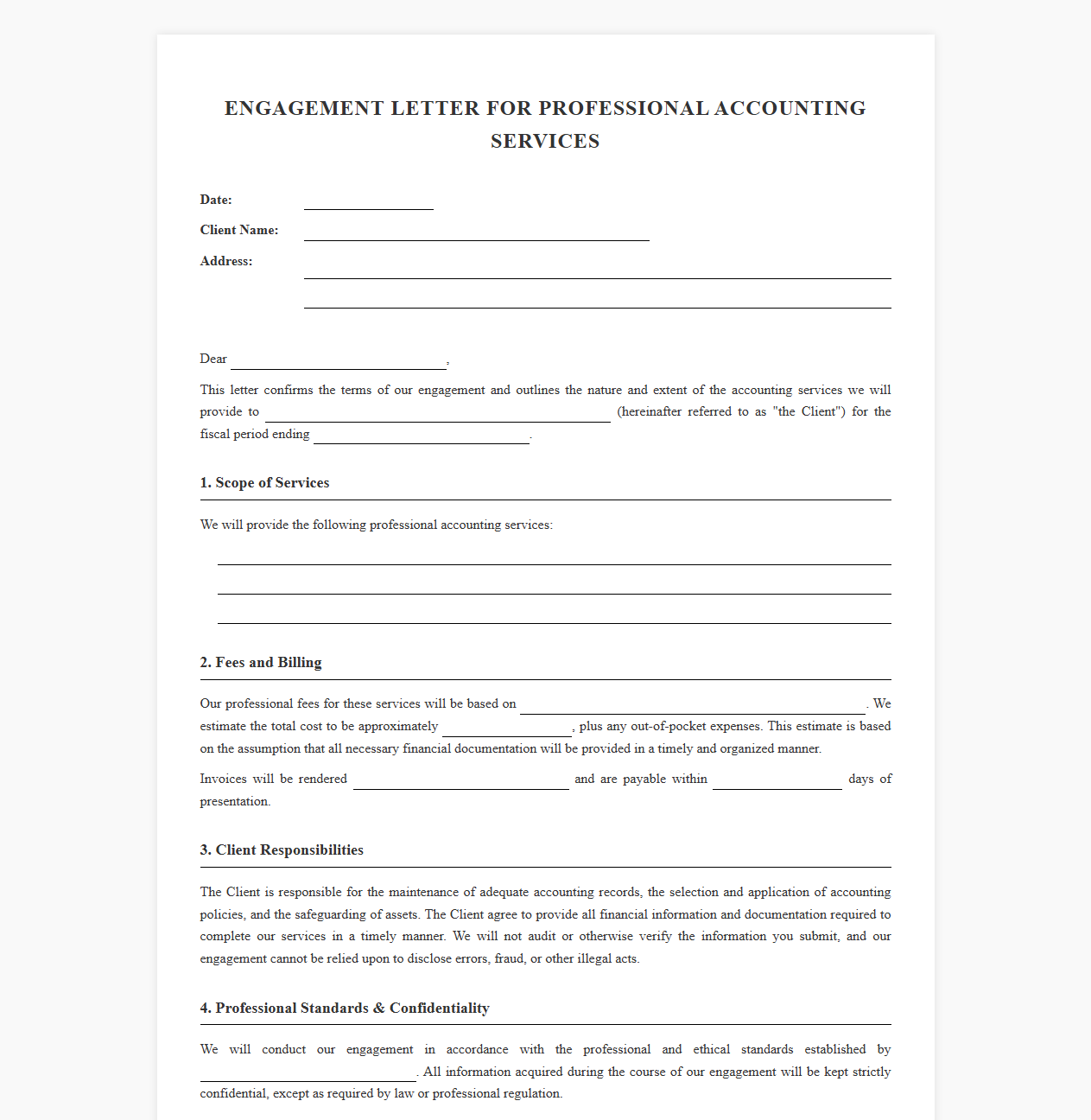 Professional Accounting Services Engagement Letter