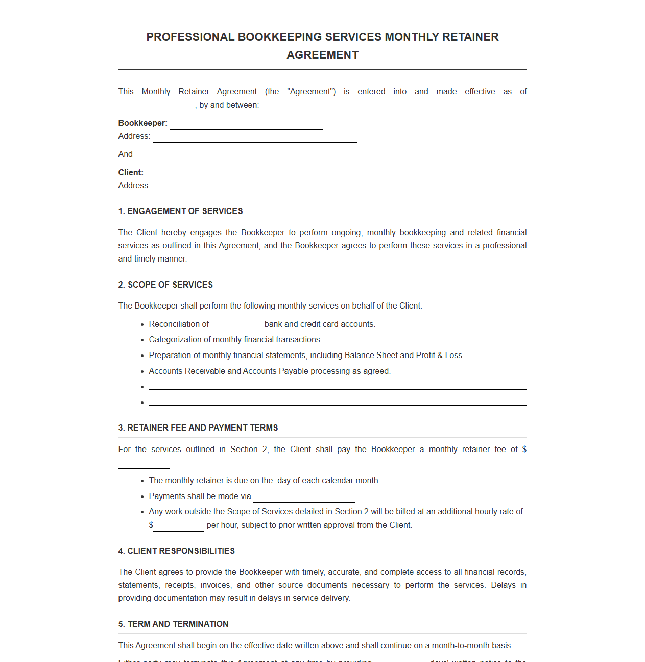 Professional Bookkeeping Services Monthly Retainer Agreement