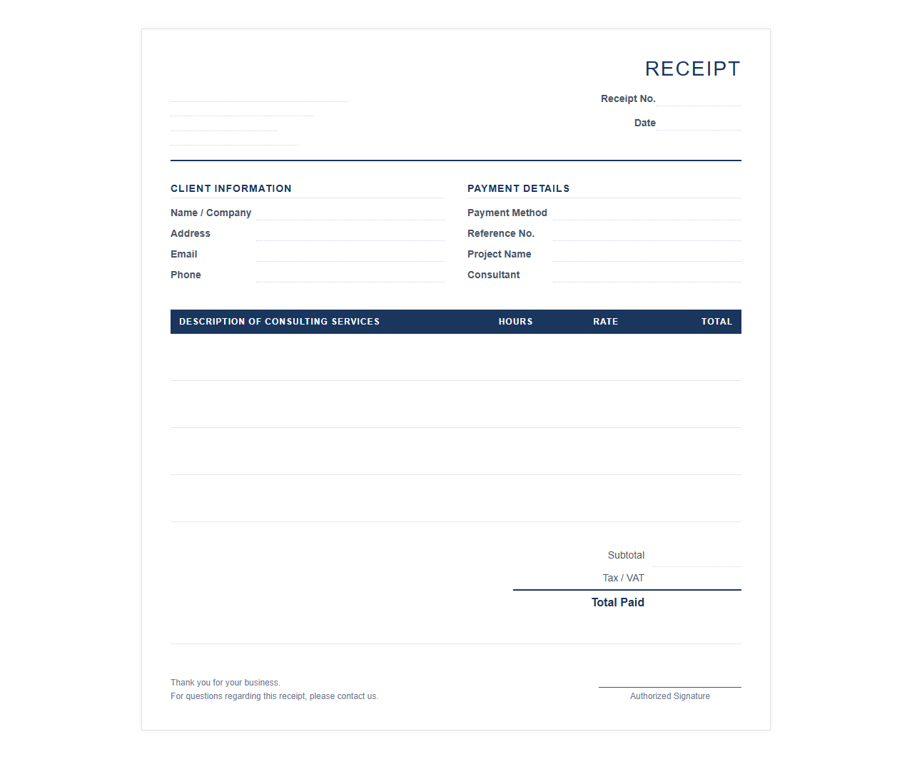 Professional Consulting Services Receipt Template