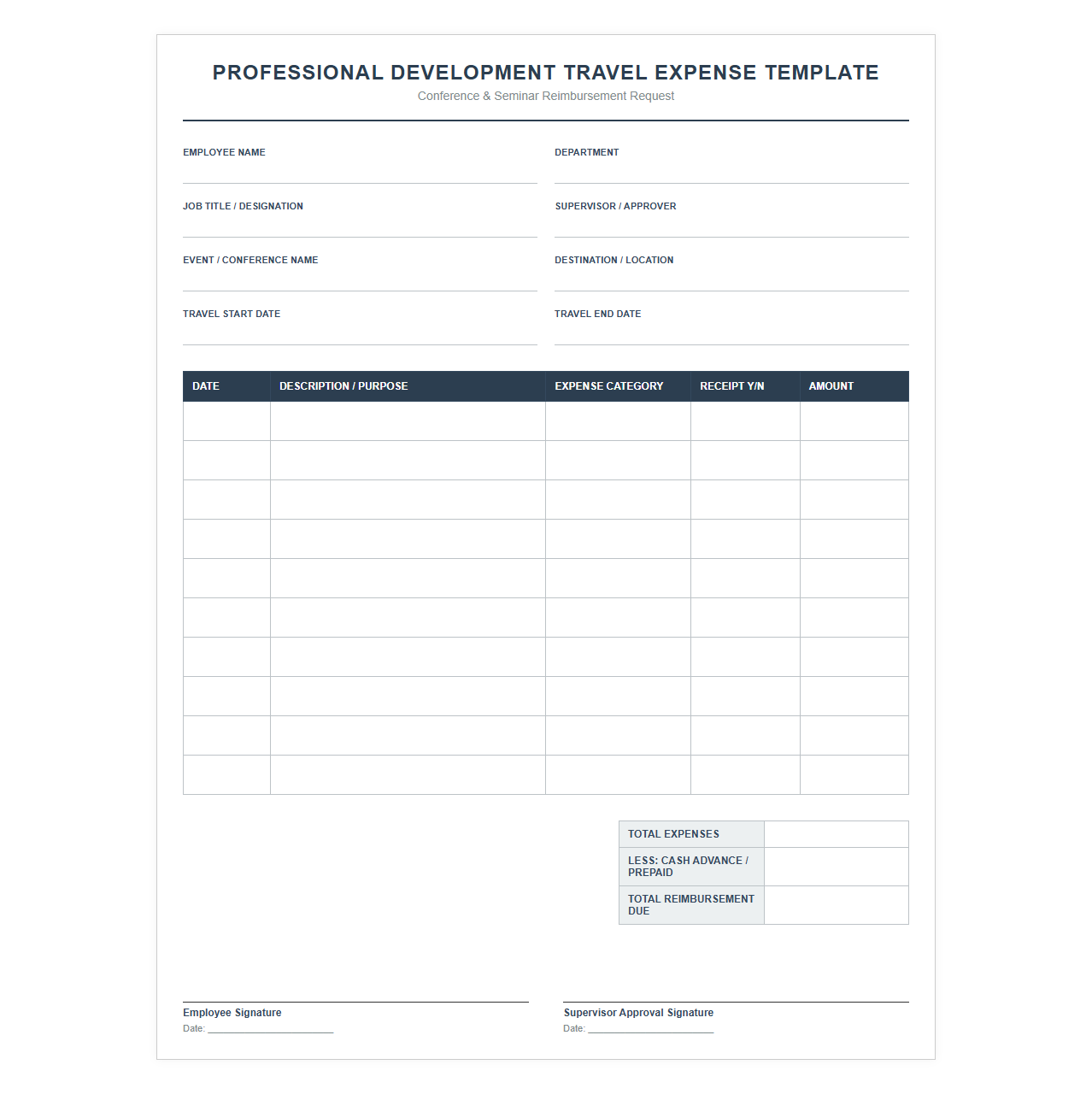Professional Development Travel Expense Template