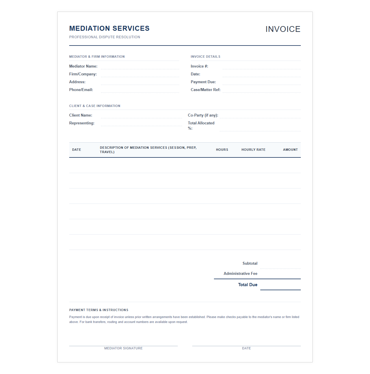 Professional Mediator Hourly Rate Invoice Form