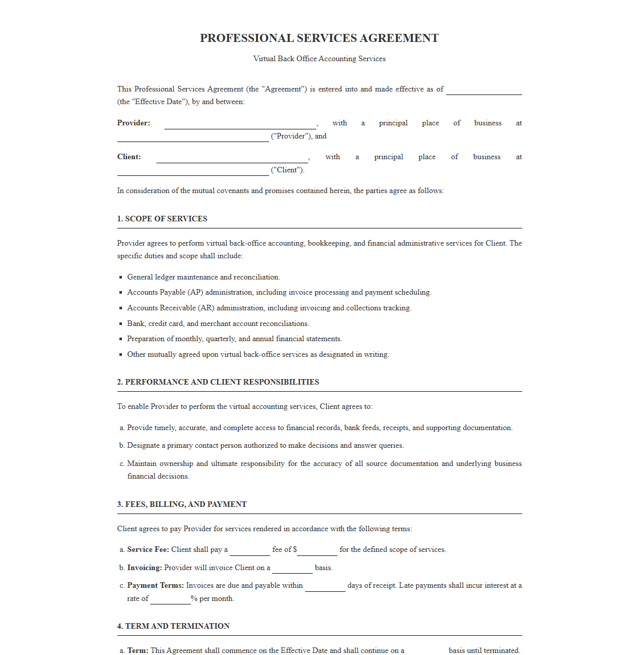 Professional Services Agreement for Virtual Back Office Accounting