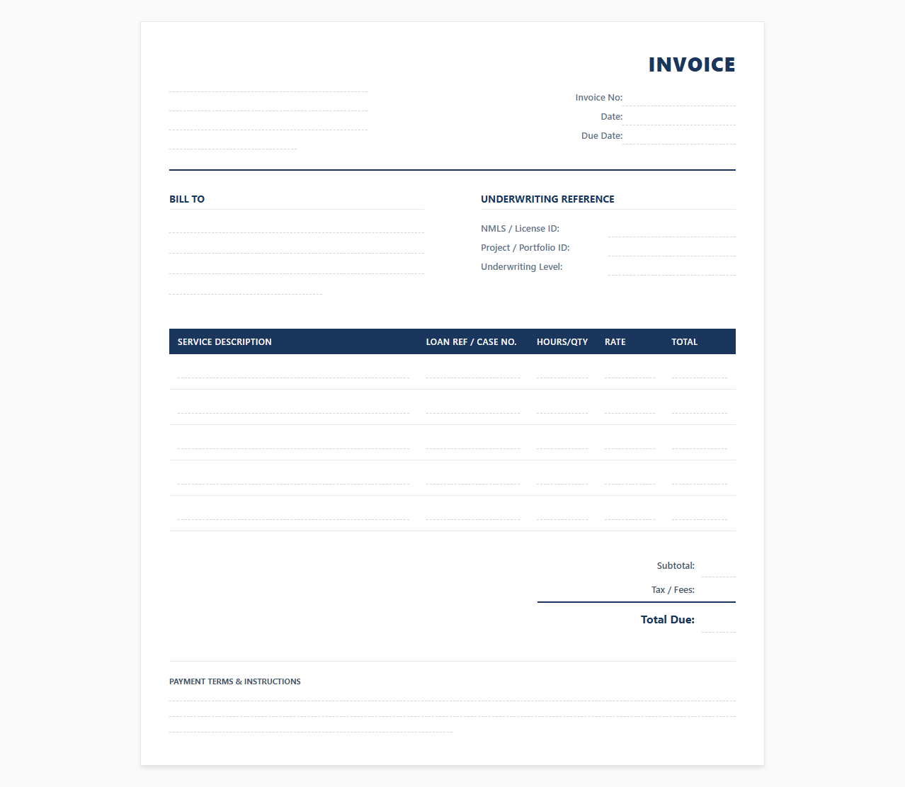 Professional Underwriter Service Invoice