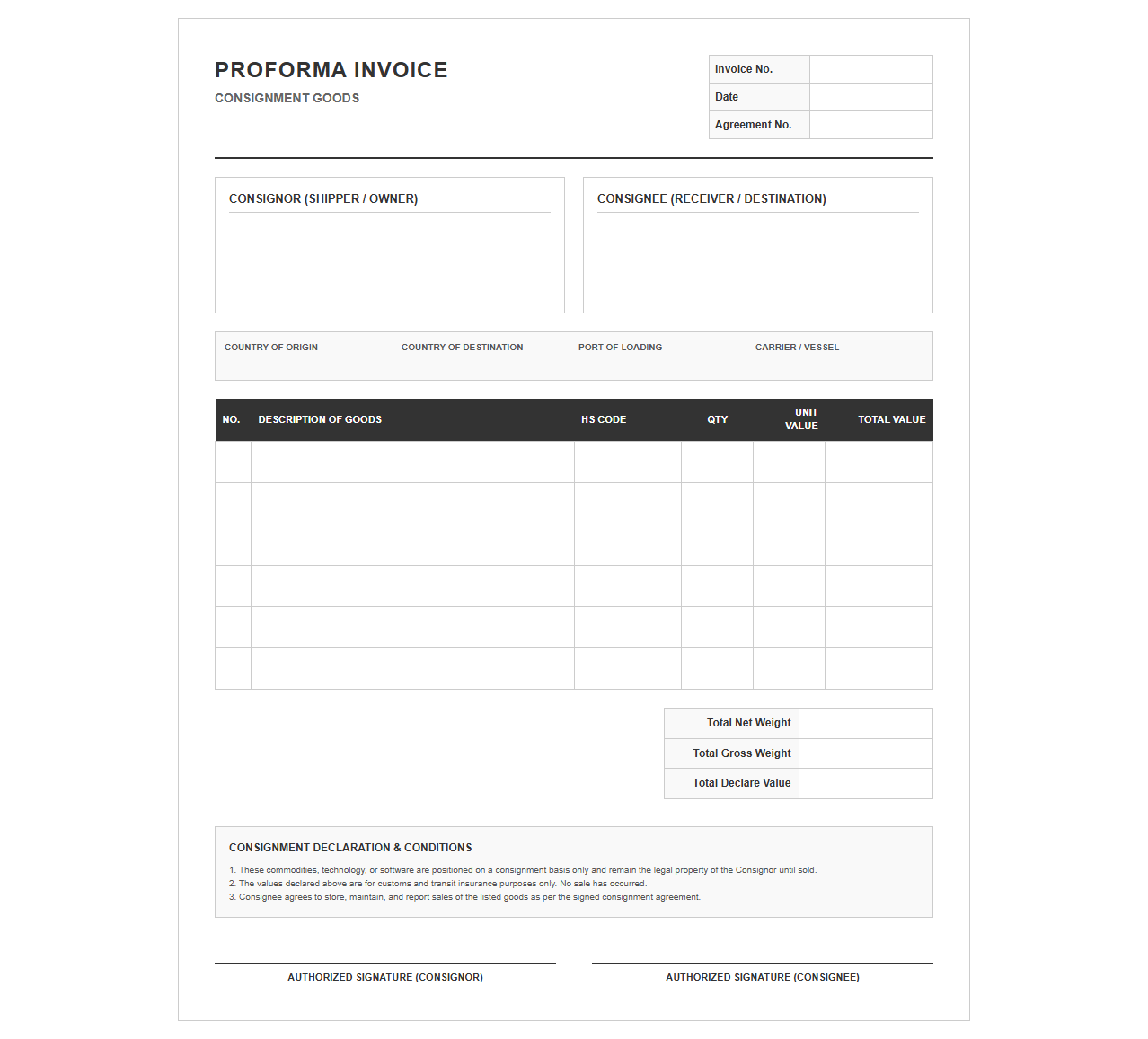 Proforma Consignment Sale Invoice Template