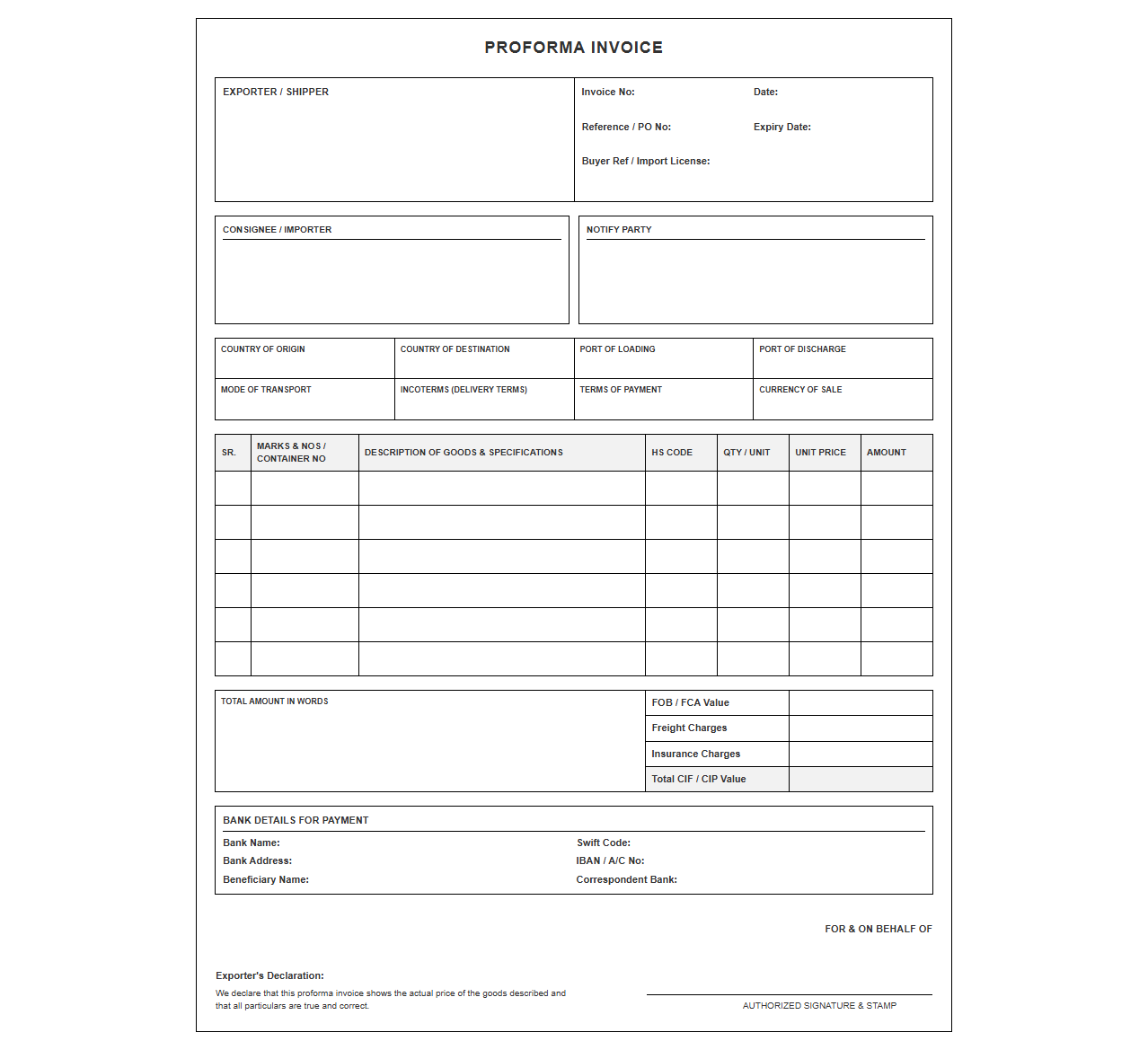 Proforma Export Invoice Template