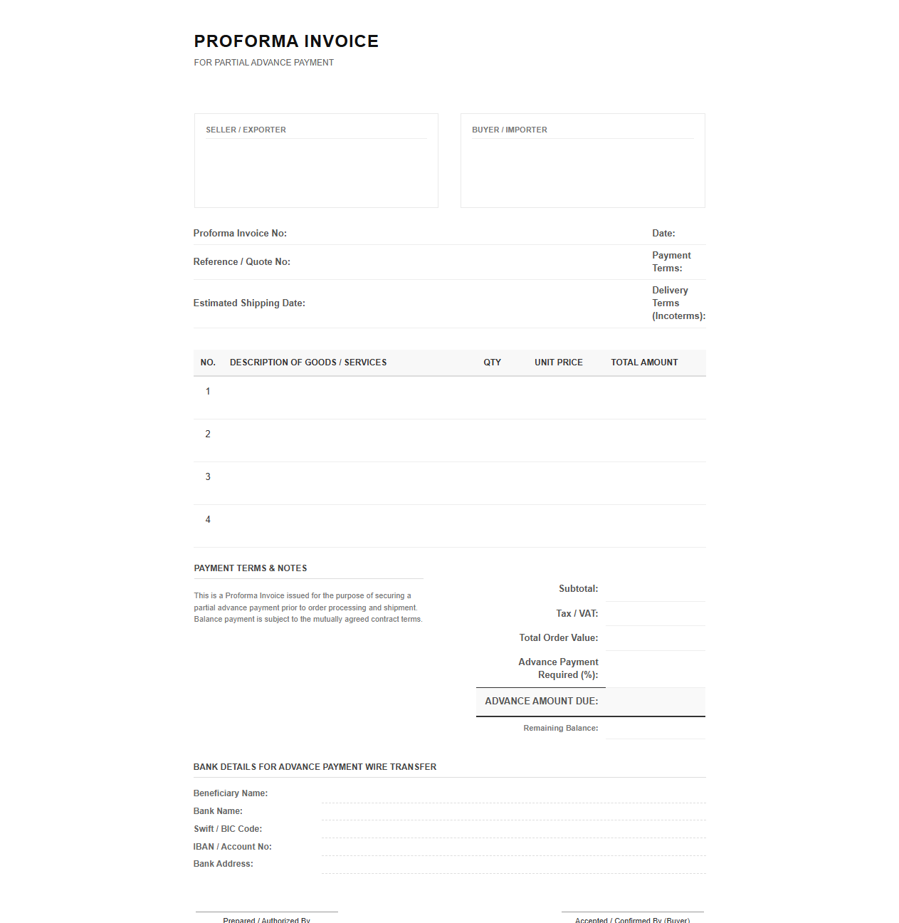 Proforma Invoice for Partial Advance Payment