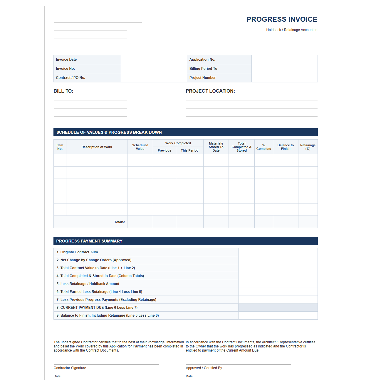 Progress Invoice Template with Retainage Holdback