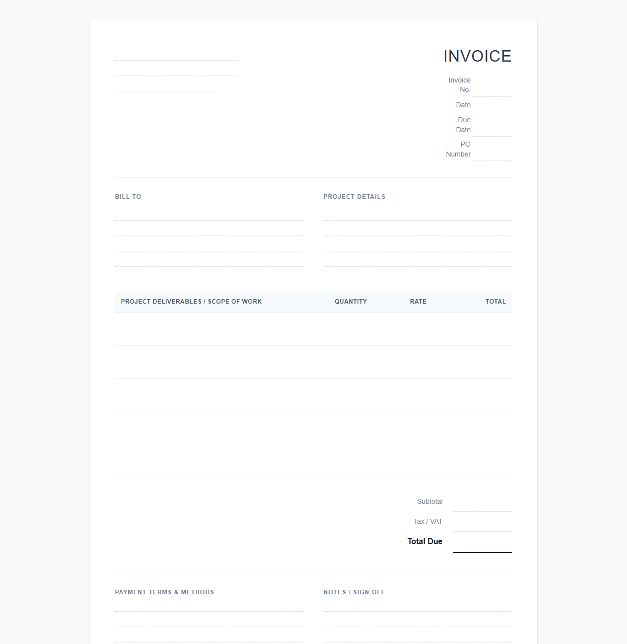 Project-Based Copywriting Services Invoice Sheet