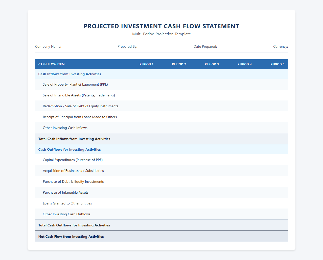 Projected Investment Cash Flow Statement Template