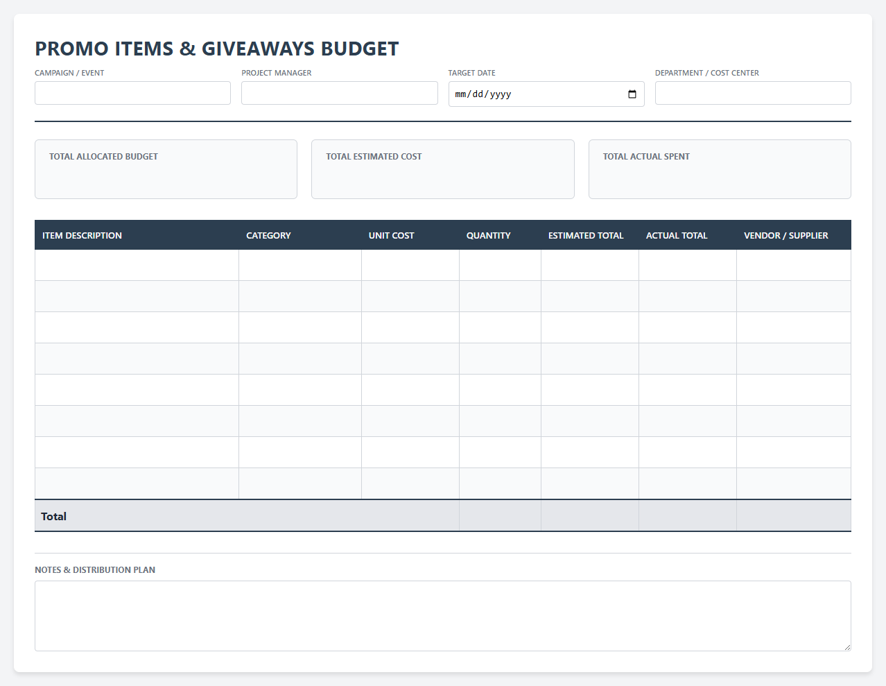 Promo Items and Giveaways Budget Template
