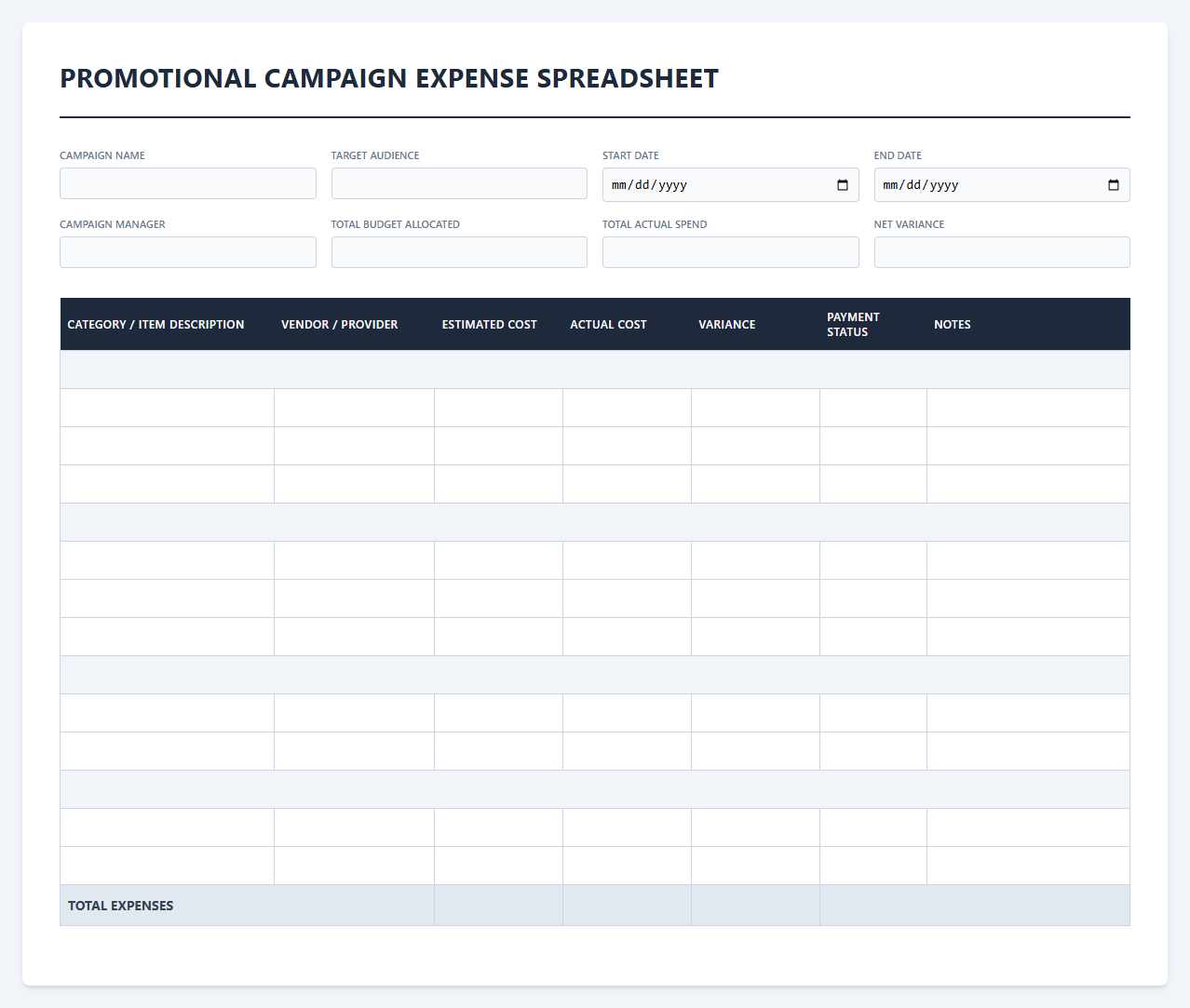 Promotional Campaign Expense Spreadsheet