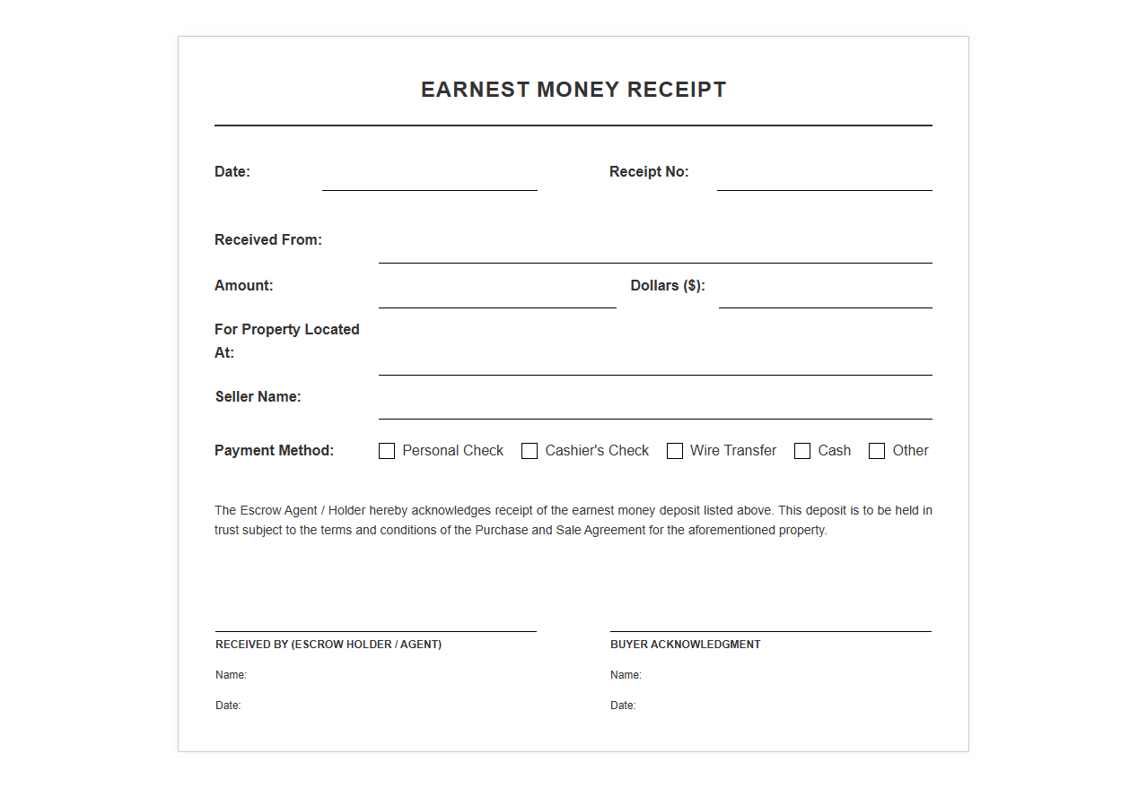 Property Purchase Earnest Money Receipt