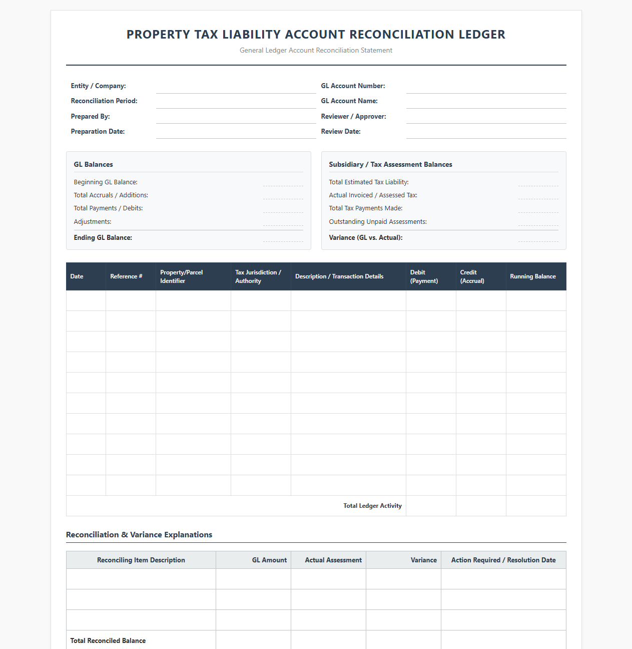 Property Tax Liability Account Reconciliation Ledger