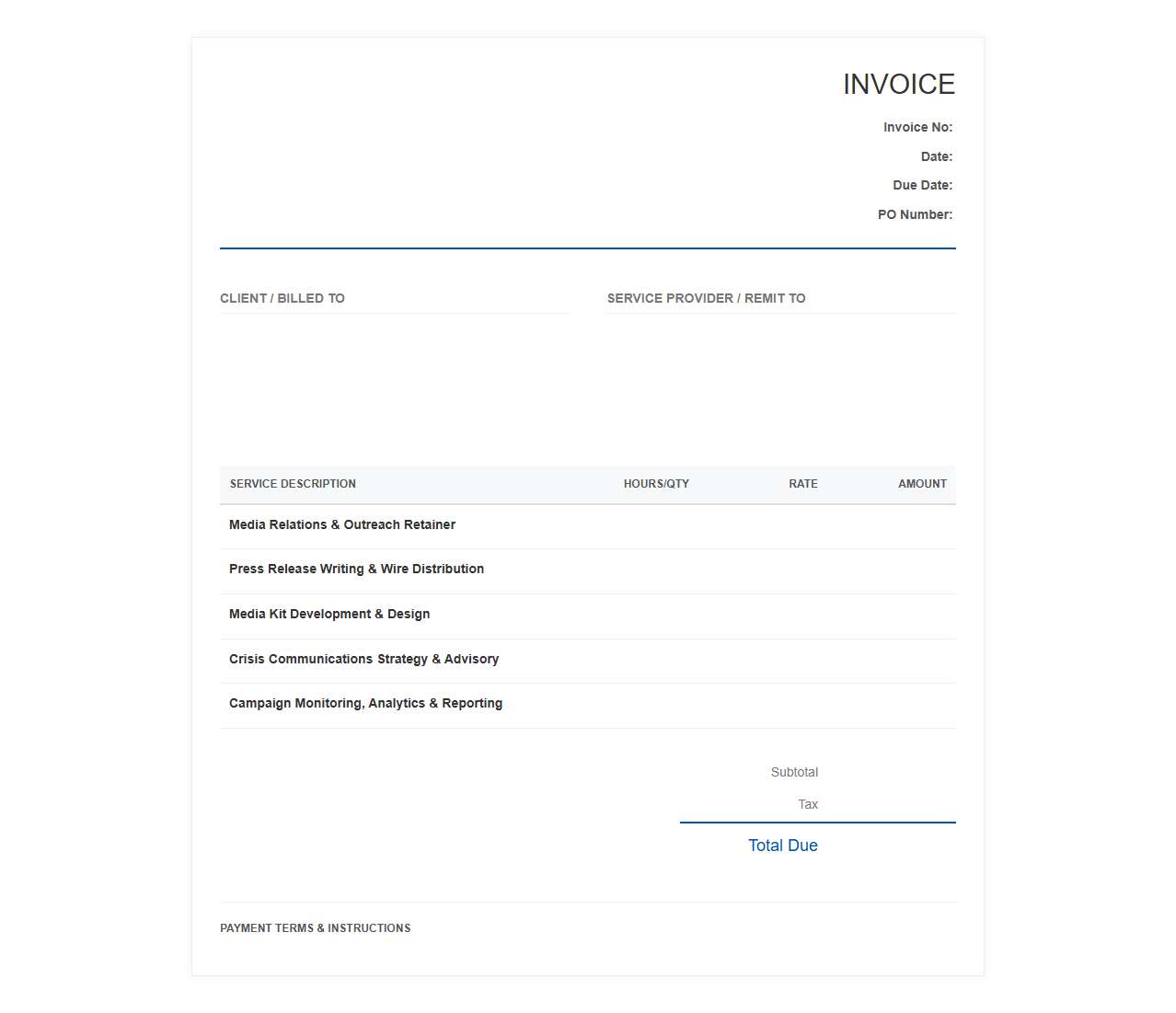 Public Relations and Media Relations Invoice