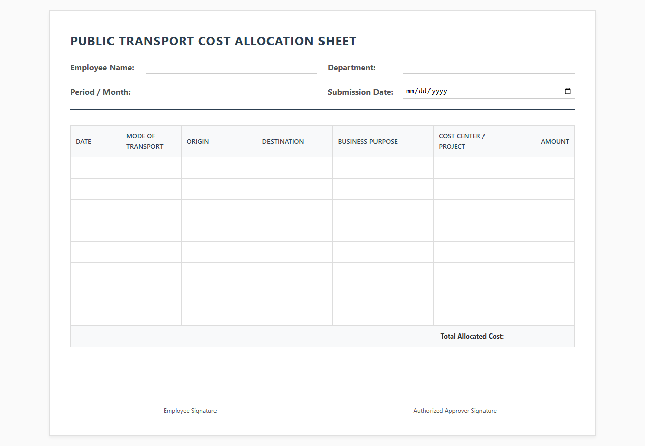 Public Transport Cost Allocation Sheet