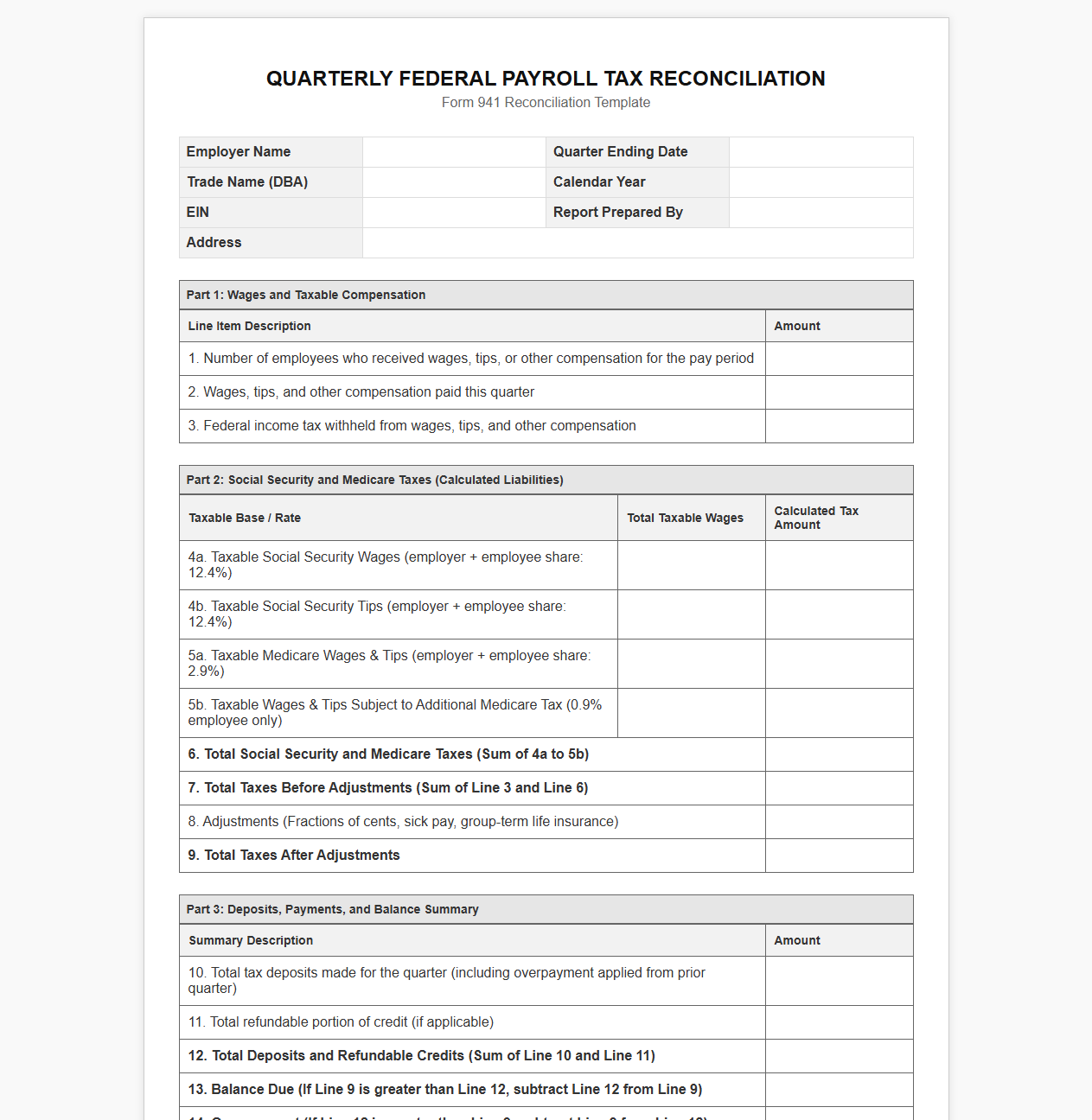 Quarterly Federal Payroll Tax Reconciliation Template